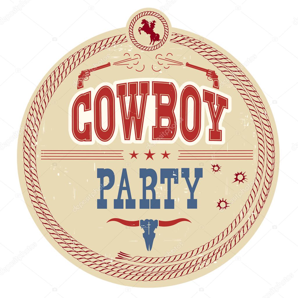 Cowboy party western label.Vector vintage card background with g