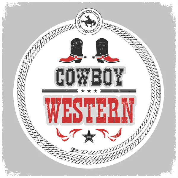 Western label with cowboy shoes and wild west decotarion — стоковый вектор