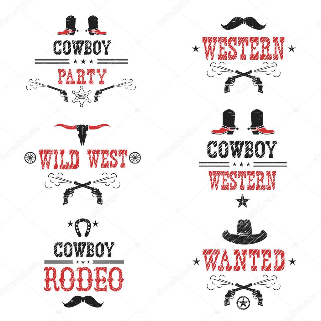 Set of cowboy labels and western symbols isolated on white.Vector american illustration