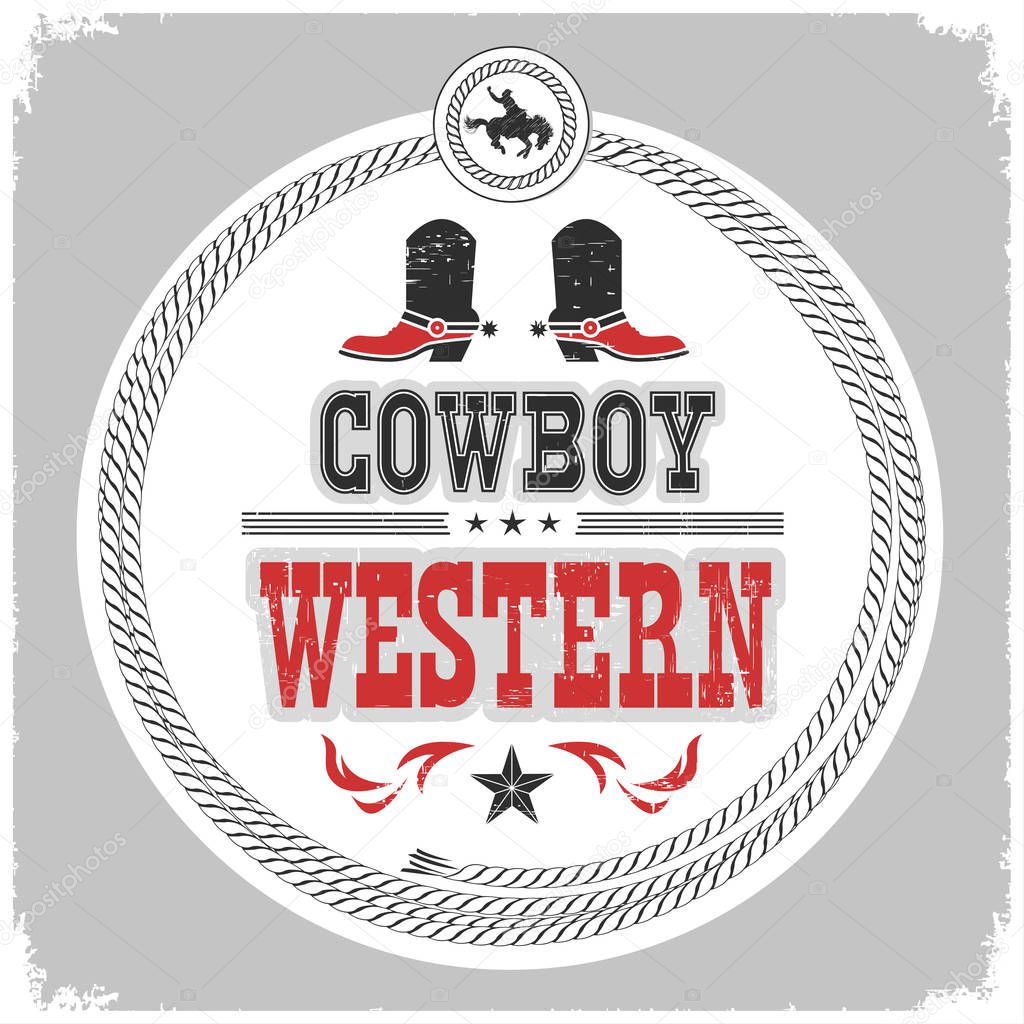  western label with cowboy shoes and wild west decotarion 