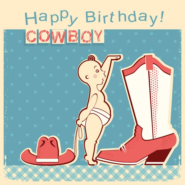 Cowboy gelukkig verjaardagskaart met kleine baby- en cowboy schoen — Stockvector