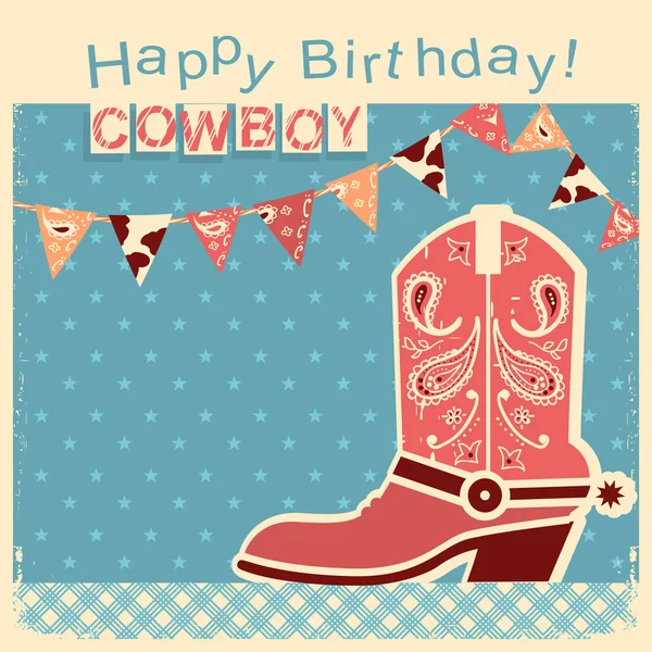 Cowboy födelsedagskort med cowboy sko. Vector barnkort — Stock vektor