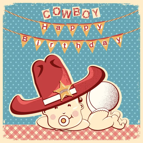 Cowboy gelukkig verjaardagskaart met kleine baby in grote westerse sheri — Stockvector