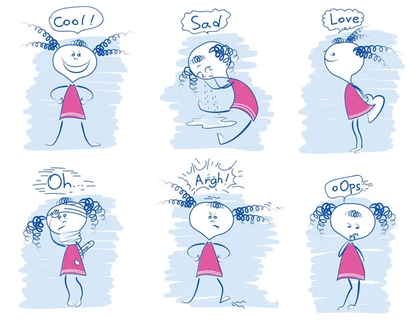 Set van jong meisje emoties. Doodle hand loting vectorillustraties — Stockvector