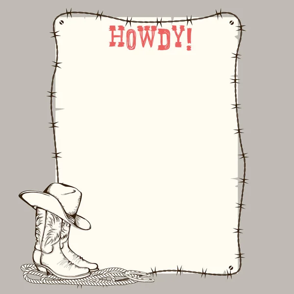 Cowboy paper background with western boots and hat for text — Stock Vector
