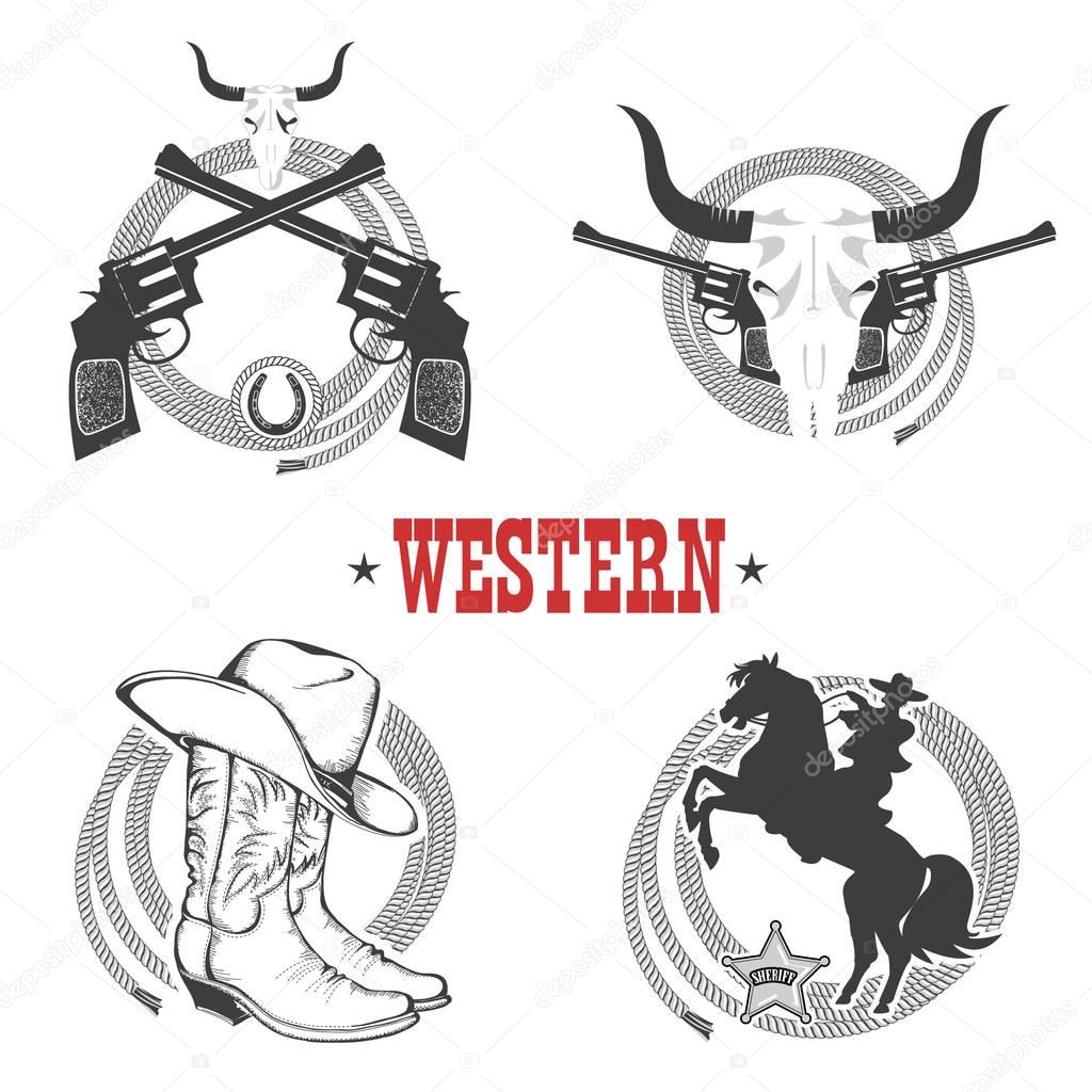 Set of Cowboy symbols and labels..Vector illustration isolated on white