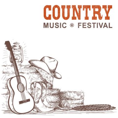 Gitar ve Amerikan kovboy ayakkabı Country müzik arka plan bir