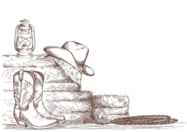 Рука малює ковбойський фон з західними черевиками і західним капелюхом в р — стоковий вектор