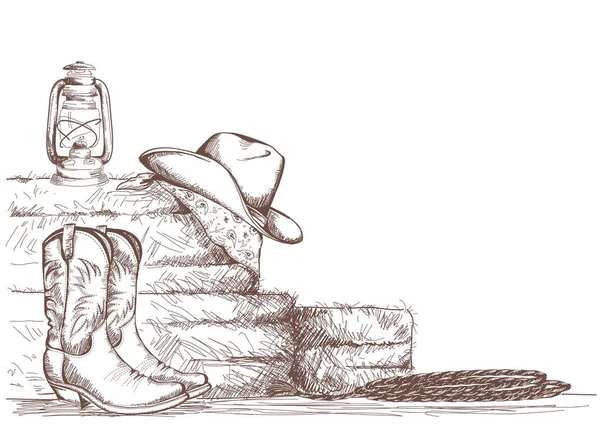 Main dessiner fond de cow-boy avec des bottes occidentales et chapeau ouest en r — Image vectorielle