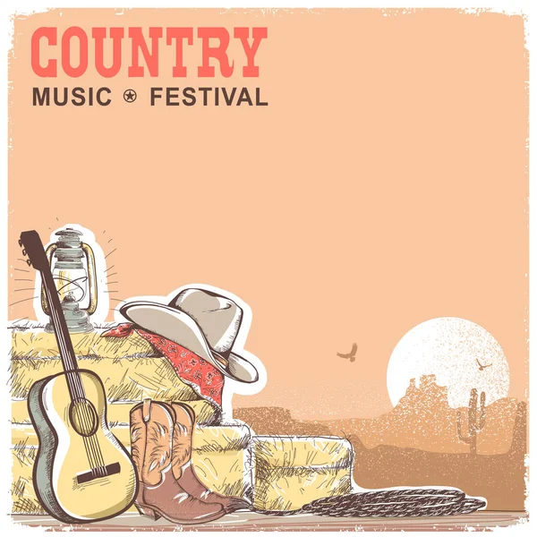 Fundo de música country com guitarra e cowboy americano equipme —  Vetores de Stock