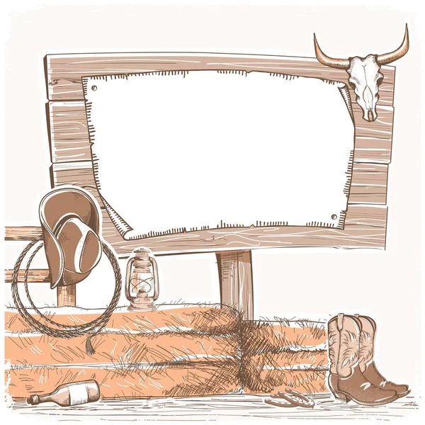 Cowboy fundo com placa de madeira para texto. Rancho americano . —  Vetores de Stock