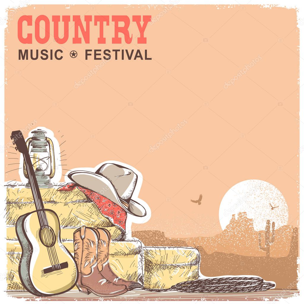 Country music background with guitar and american cowboy equipme