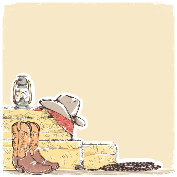 Cowboy tło z zachodniej buty i kapelusz west. — Wektor stockowy