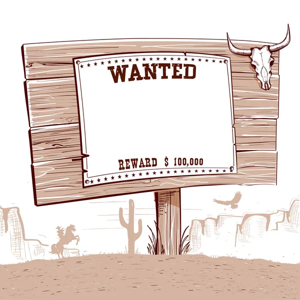 Wanted paper on wood board for text.Western background — Stock Vector