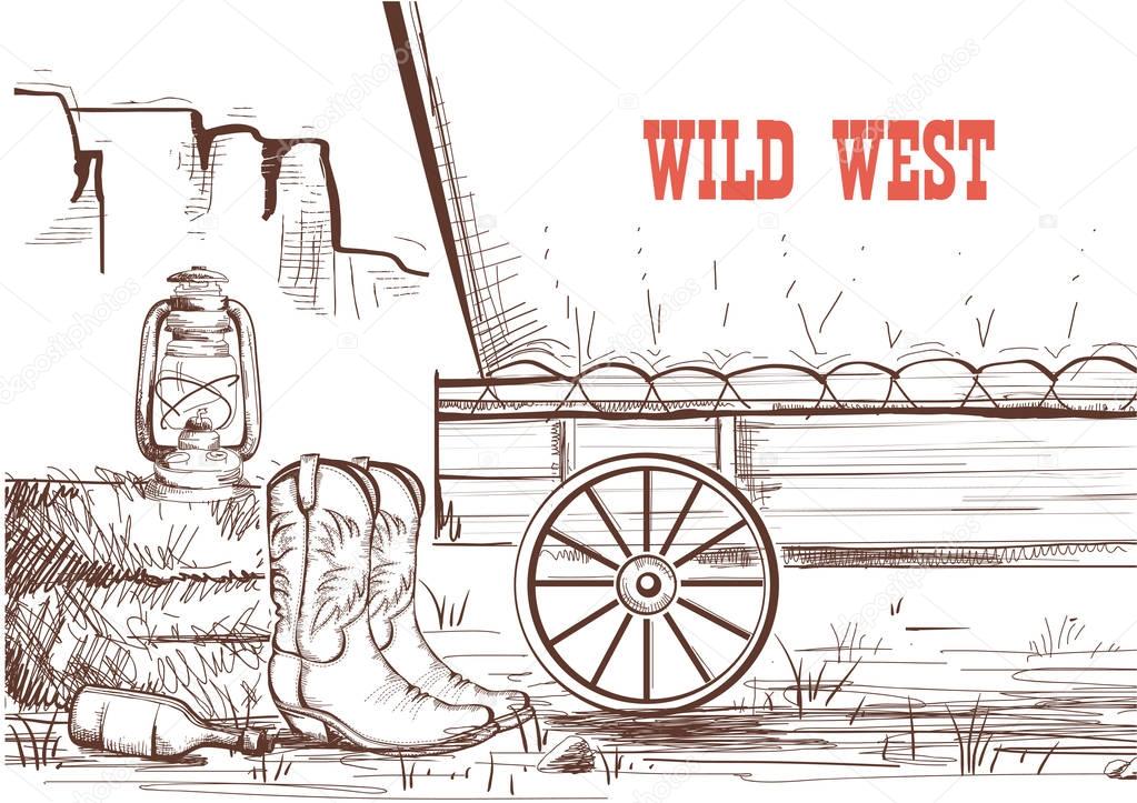  Wild west hand draw background with cowboy boots and western wa