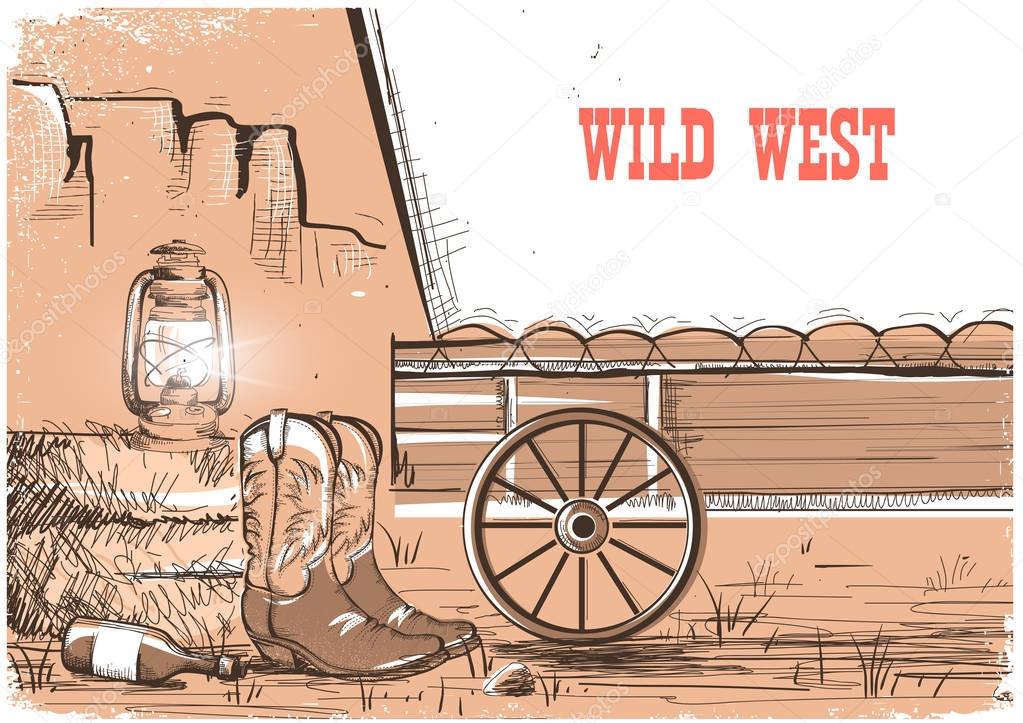  Wild west background with cowboy boots.Vector american prairies