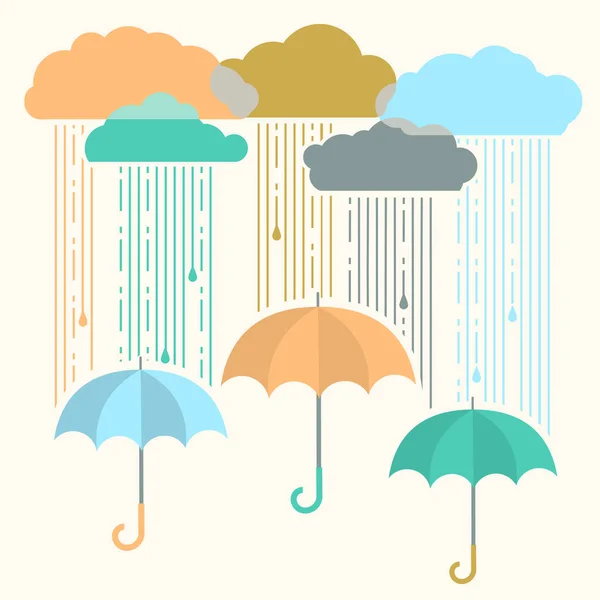 Rain.Vector immagine con eleganti nuvole piatte e ombrello — Vettoriale Stock