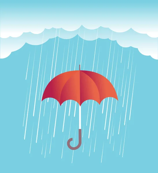 Σύννεφα βροχή με κόκκινη ομπρέλα. Διάνυσμα ανοιξιάτικο ουρανό — Διανυσματικό Αρχείο