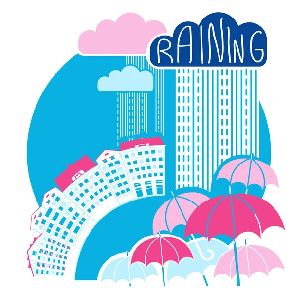 Fondo de la ciudad de lluvia con nubes y umbrellas.Vector de color plano — Vector de stock