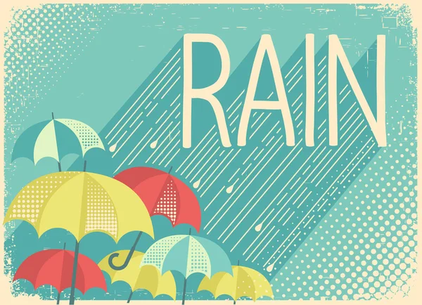 Фон плаката дождя со стильным текстом и зонтиками — стоковый вектор