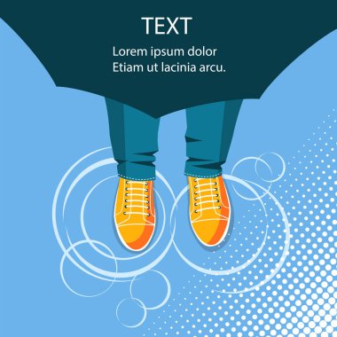 Yağmur arka plan. Spor boots şemsiyesi altında ayaklarda Üstten Görünüm
