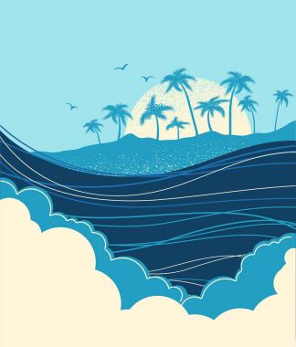 Büyük okyanus dalgaları ve avuç içi ile tropikal bir ada. Vektör mavi illus