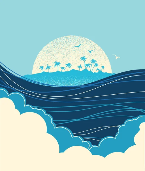 大きな海の波と熱帯の島。青いベクトル図 — ストックベクタ