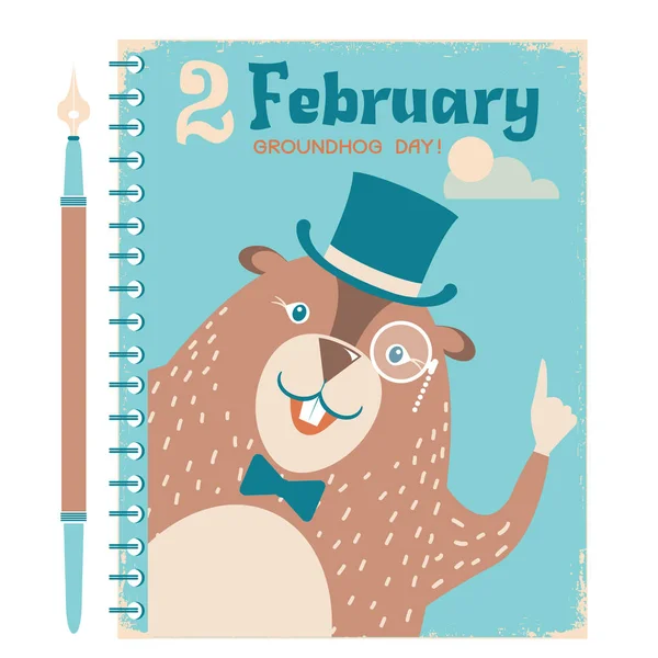 Happy Groundhog background with marmot on vintage notebook paper — Stock Vector