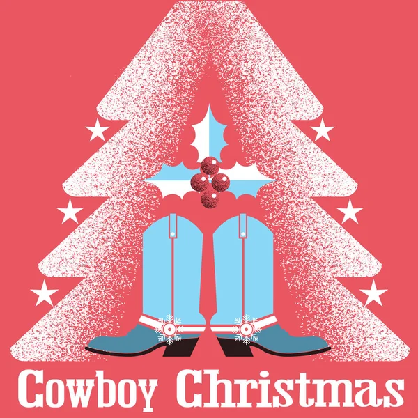 Tarjeta de Navidad vaquero fondo rojo con botas occidentales y chri — Vector de stock