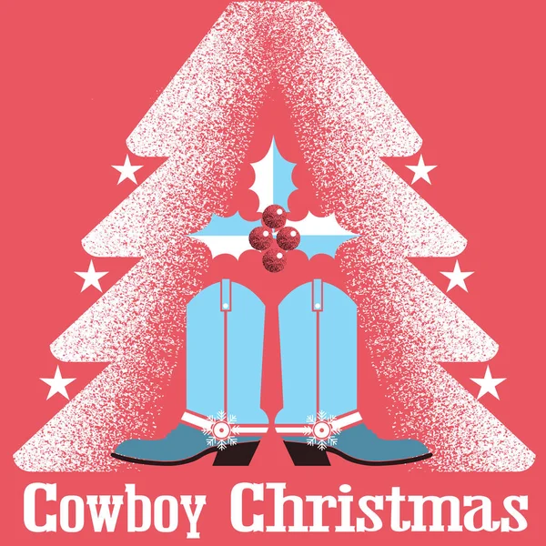 Cowboy christmas card red background with western boots and chri — Stock Vector