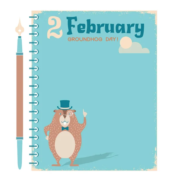 Feliz Groundhog dia notebook fundo com marmota no vintage — Vetor de Stock