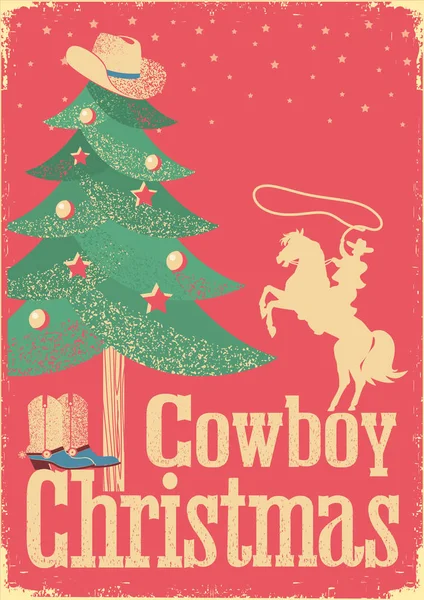 Cowboy Christmas card with tree and winter holiday decoration — Stock Vector