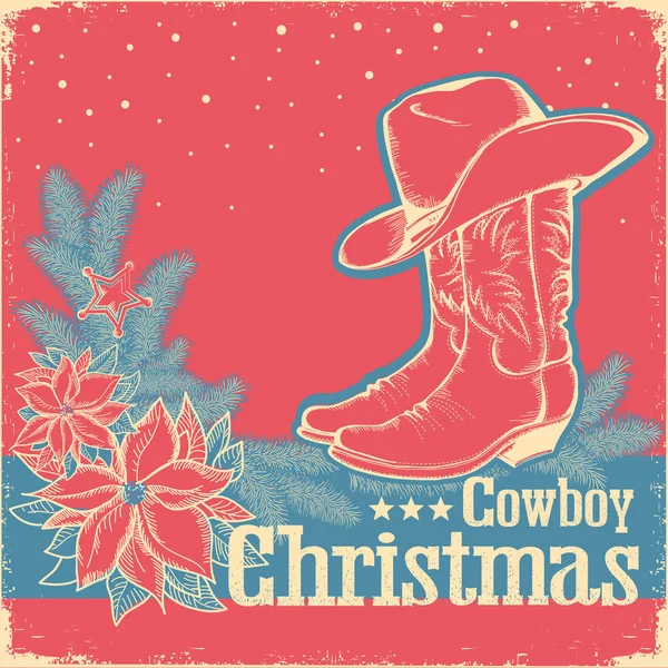 Carte rétro de Noël Cowboy avec chaussure occidentale américaine et cowbo — Image vectorielle
