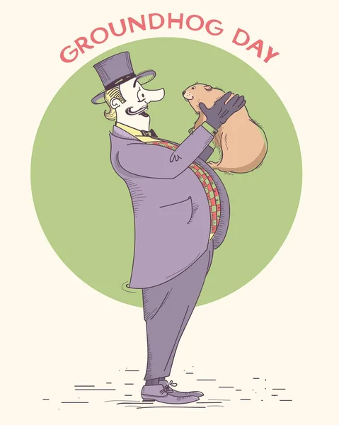 Groundhog dia feriado mão desenhado vintage illustration.Gentleman — Vetor de Stock