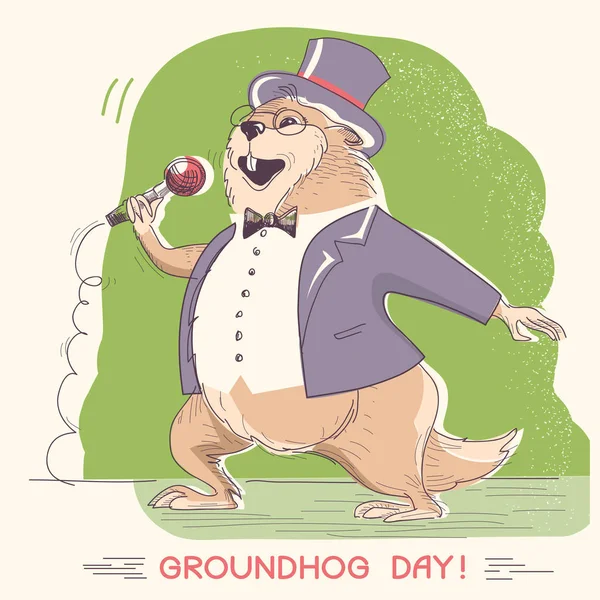 Marmot en tenue de gentleman avec microphone. Jour de la marmotte holi — Image vectorielle