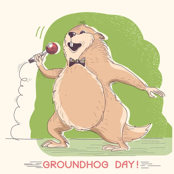 Marmot singer with microphone. Groundhog day illustration — Stock Vector