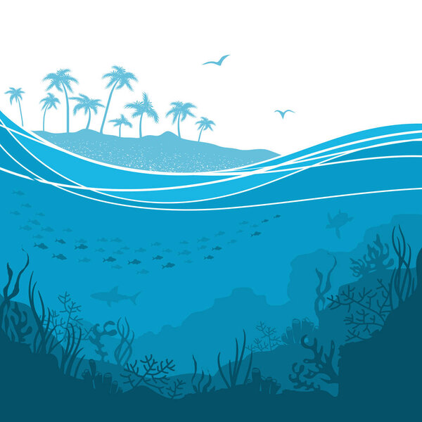 Подводный морской фон с морскими волнами и тропическим островом
.