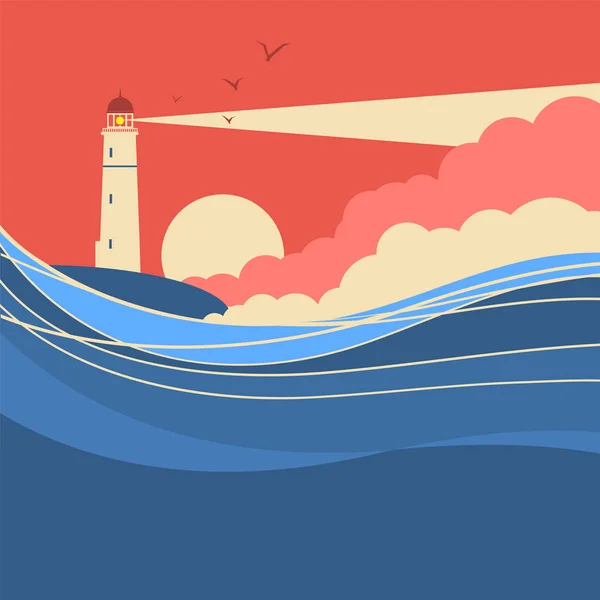 Olas de mar con faro.Cartel de naturaleza vectorial del paisaje marino — Archivo Imágenes Vectoriales