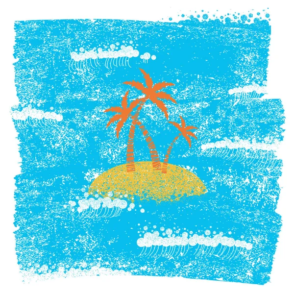 Palm island et fond bleu de la mer sur papier grunge texture — Image vectorielle