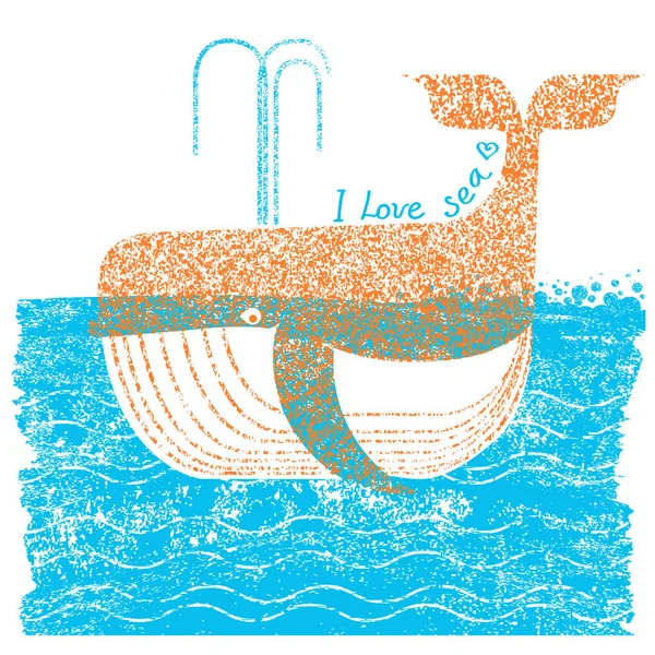 Ballena en fondo azul del mar.Ilustración vectorial con texto — Vector de stock