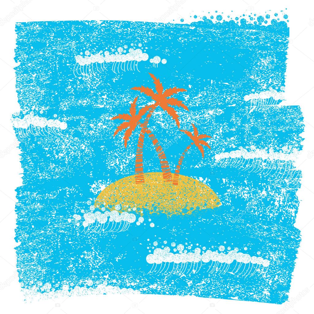 Palm island and blue sea background on grunge paper texture