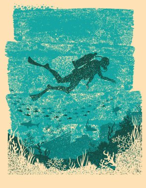 Tüplü sürücü sualtı silüeti. Vintage deniz poster 