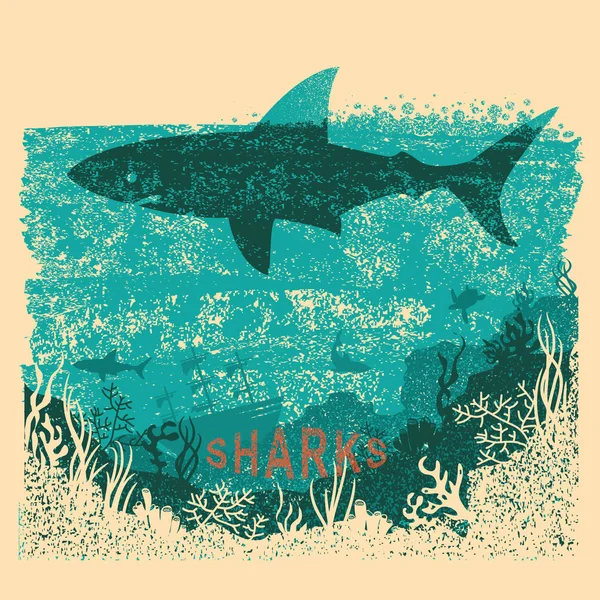 Shark swimming in sea on old paper poster background with text.V — Stock Vector