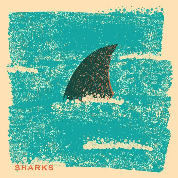 Aleta de tiburón en el océano.Cartel vintage sobre textura de papel vieja — Archivo Imágenes Vectoriales