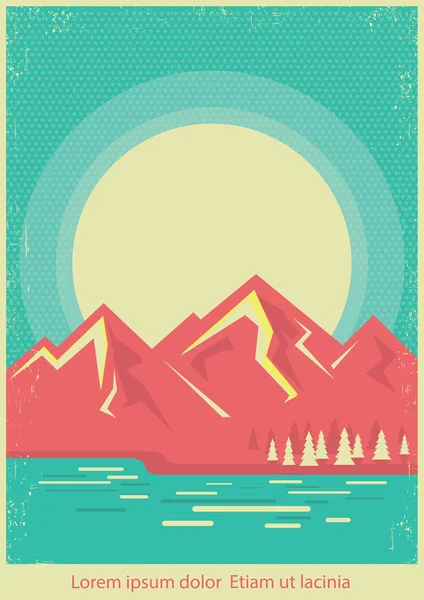 Mountain lake nature landscape on retro poster background
