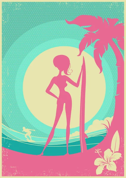 Surfista donna e onde del mare.Vettore poster sfondo — Vettoriale Stock