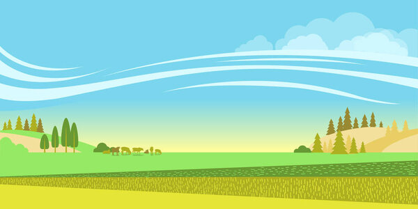 Сельский пейзаж с полями и стадом коров.
