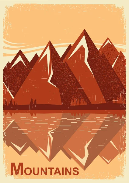 山の湖と山の風景。ベクトル古いポスター — ストックベクタ