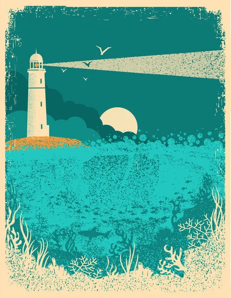 Lighthouse on sunset with sea waves.Underwater sea background on — Stock Vector