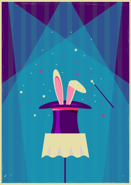 White rabbit in magical hat.Vector old poster of magic show for text